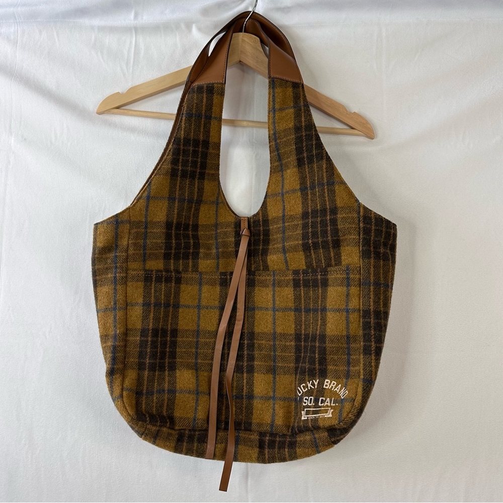 Lucky Brand Purse Brown Tan Blue Plaid Wool Blend Shoulder Bag Tote Front Pocket